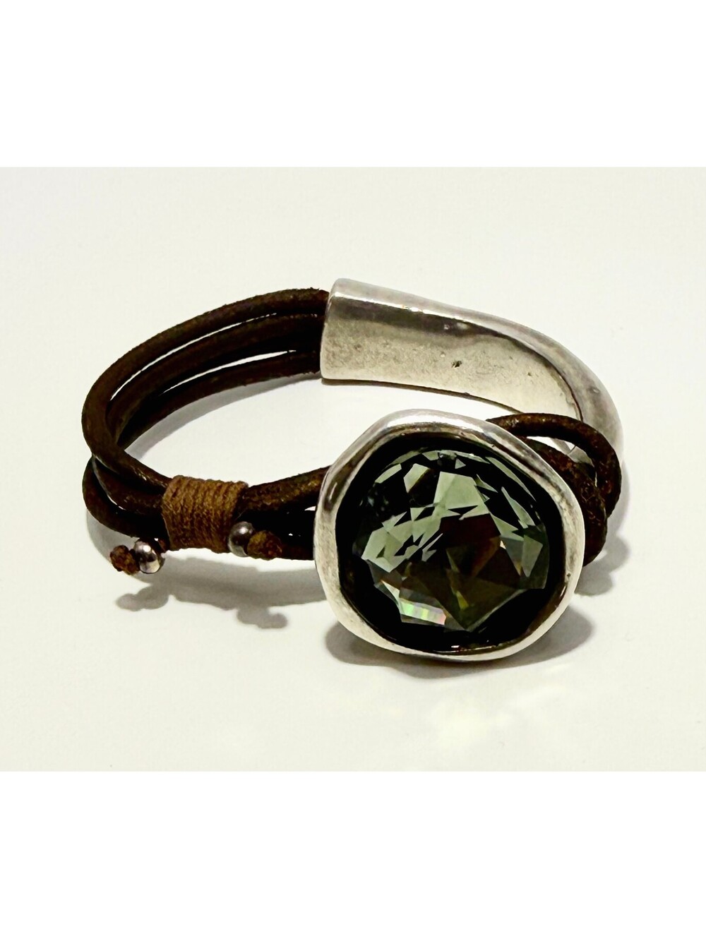 Uno de 50 Leather & Silver-Plated Cuff Bracelet with Smoky Gray-Green Crystal